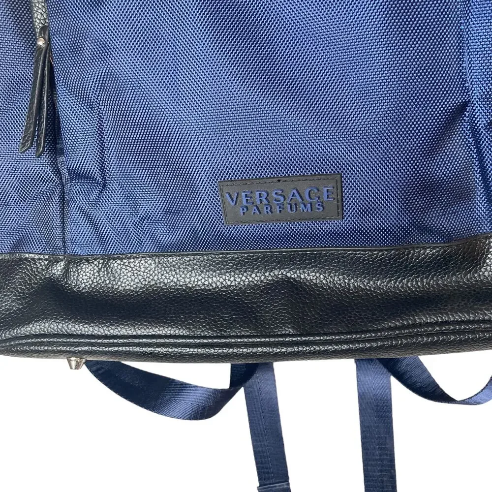 Versace Parfums Mens Back Pack Blue Nylon Leather New COA
